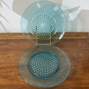 2 Vintage Hazel Atlas Capri Turquoise Blue Dinner Plates Hobnail Glass 1950s 60s